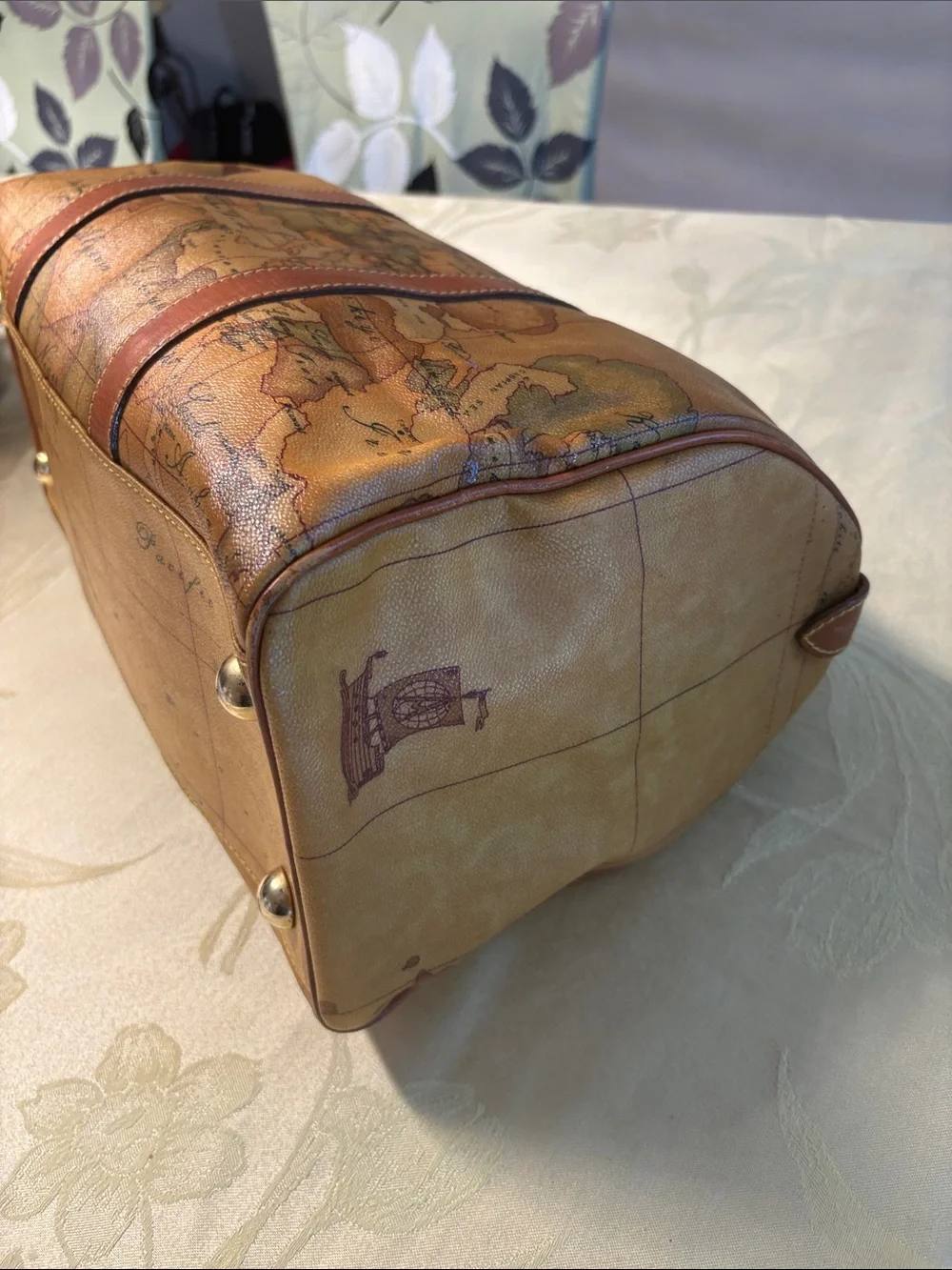 Alviero Martini Tan and Brown Geo-Print Leather Duffel